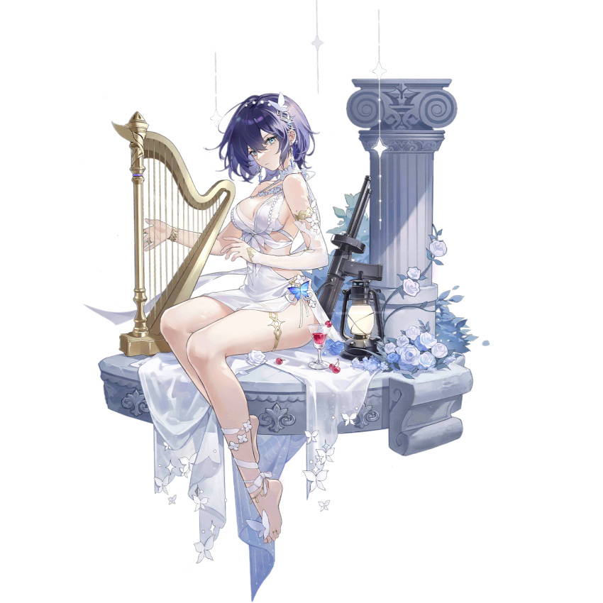 ankle_ribbon aqua_eyes armlet artist_request barefoot bikini blue_gemstone blue_hair breasts butterfly_hair_ornament cherry choker cleavage closed_mouth cup dress drink drinking_glass earrings feet female flower flower_choker food fruit full_body gem gem_hair_ornament girls'_frontline gun hair_between_eyes hair_ornament harp highres instrument jewelry lantern large_breasts leg_ribbon looking_at_viewer music official_alternate_costume official_art pillar playing_instrument ribbon rose short_hair simple_background single_sleeve sitting solo swimsuit thighlet third-party_source toes transparent_background vp1915_(girls'_frontline) vp1915_(song_from_the_high_tower)_(girls'_frontline) vp_m1915 weapon white_bikini white_choker white_dress white_flower white_ribbon white_rose white_sleeves