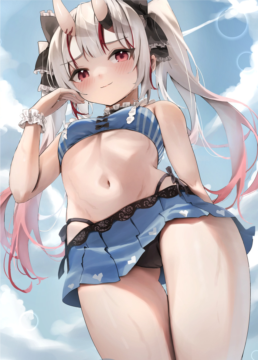 absurdres bikini bikini_skirt blue_sky breasts cloud cloudy_sky commentary day female grey_hair hair_ornament highres hololive horns long_hair looking_at_viewer multicolored_hair nakiri_ayame nakiri_ayame_(hololive_summer_2019) navel official_alternate_costume oni red_eyes red_hair scarlet_(wv0102) side-tie_bikini_bottom skin-covered_horns sky small_breasts smile solo streaked_hair swimsuit symbol-only_commentary thighs virtual_youtuber