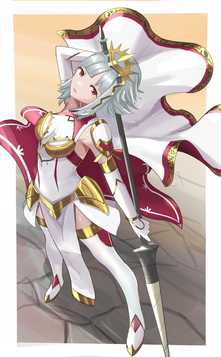 absurdres alternate_costume armor armpits boots breastplate breasts cape commission cosplay dress elbow_gloves est_(fire_emblem) est_(fire_emblem)_(cosplay) female fire_emblem fire_emblem_heroes from_above gloves gold_trim grey_hair highres holding holding_weapon lance official_alternate_hairstyle pelvic_curtain polearm red_eyes second-party_source short_dress short_hair_with_long_locks skeb_commission small_breasts tarutaru193 thighhighs tiara veronica_(fire_emblem) veronica_(princess_rising)_(fire_emblem) weapon white_dress white_footwear white_gloves zettai_ryouiki