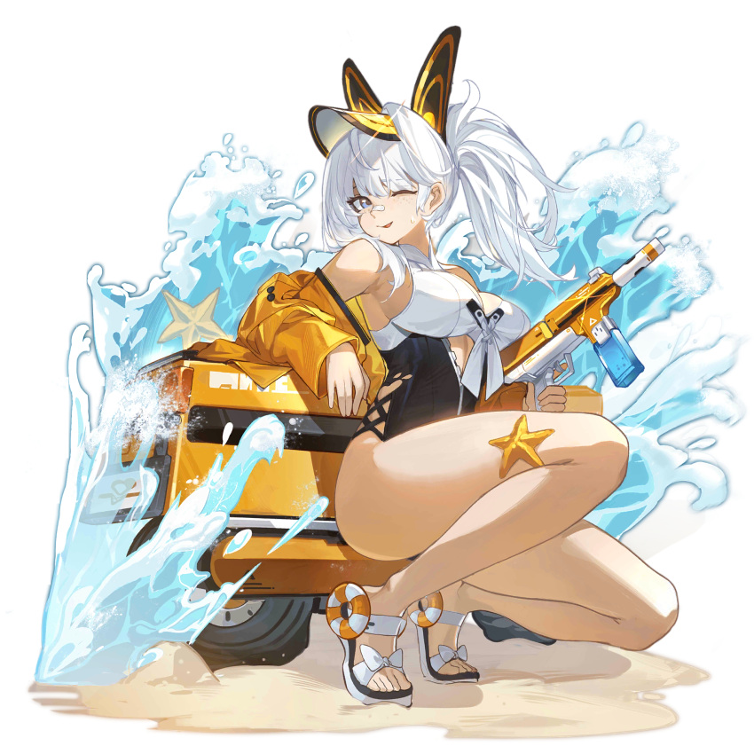 animal_ears bandaid bandaid_on_face bandaid_on_nose black_one-piece_swimsuit blue_eyes breasts cropped_jacket fake_animal_ears feet female freckles front_zipper_swimsuit full_body girls'_frontline highres honda_motocompo jacket large_breasts long_sleeves looking_at_viewer lusa_(girls'_frontline) lusa_(seaside_striker)_(girls'_frontline) lusa_submachine_gun medium_hair meme_attire mto_man off_shoulder official_alternate_costume official_art one-piece_swimsuit one_eye_closed partially_unzipped rabbit_ears sand sandals side_ponytail simple_background solo squatting starfish sweatdrop swimsuit taking_cover third-party_source tire toes transparent_background trigger_discipline two-tone_swimsuit visor_cap water waves white_footwear white_hair yellow_jacket