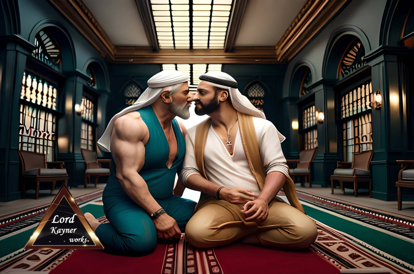 1boy 1male 2boys abs ai_generated arab_male arabian arabian_clothes bara beard bodybuilder daddy gay hi_res highres kissing male male_only middle_eastern muscular muscular_male nipples original_character pecs realistic sitting sitting_on_floor solo vein watch young younger_male