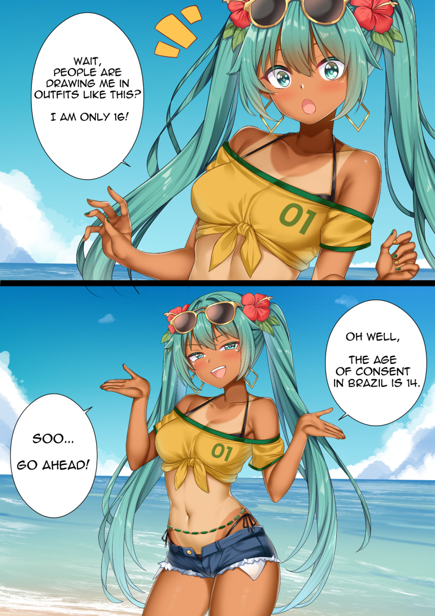 :o aqua_eyes aqua_hair bare_shoulders beach bikini bikini_under_clothes black_bikini blue_sky blush brazilian_miku breasts cleavage cloud collarbone commission commissioner_upload crop_top dark_skin day earrings english_text eyewear_on_head female flower green_nails hair_flower hair_ornament hatsune_miku hibiscus highres jewelry long_hair looking_at_viewer medium_breasts nabunabu navel non-web_source ocean open_mouth shirt shorts sky smile smug speech_bubble sunglasses swimsuit tan tanlines thighs tied_shirt twintails upper_body very_long_hair vocaloid yellow_nails