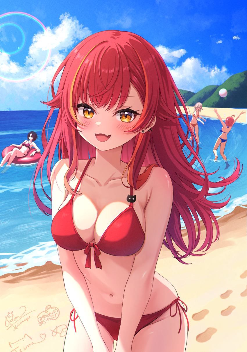 4girls absurdres beach bikini blue_sky breasts cleavage cloud day harupuri913 highres horizon kisaragi_ren_(vtuber) komori_met long_hair medium_breasts multiple_girls nekota_tsuna ocean oerba_yun_fang orange_eyes outdoors red_bikini red_hair side-tie_bikini_bottom skin_fang sky solo_focus swimsuit virtual_youtuber vspo! yumeno_akari