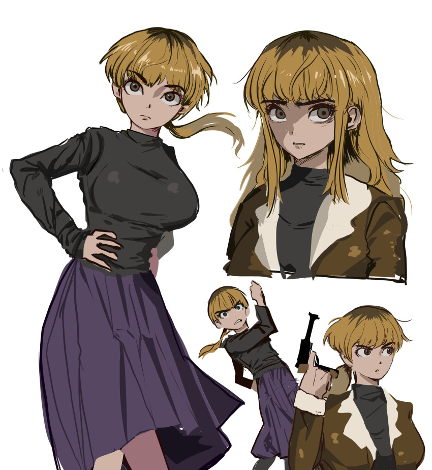 black_sweater blonde_hair bomber_jacket breasts brown_eyes brown_jacket chira_fh closed_mouth commentary fear_&_hunger fear_&_hunger_2:_termina female gun hair_down handgun hands_on_own_hips highres holding holding_gun holding_weapon jacket karin_(fear_&_hunger) large_breasts long_hair long_sleeves luger_p08 medium_skirt multiple_views no_jacket open_clothes open_jacket ponytail purple_skirt simple_background skirt sweater turtleneck turtleneck_sweater weapon white_background