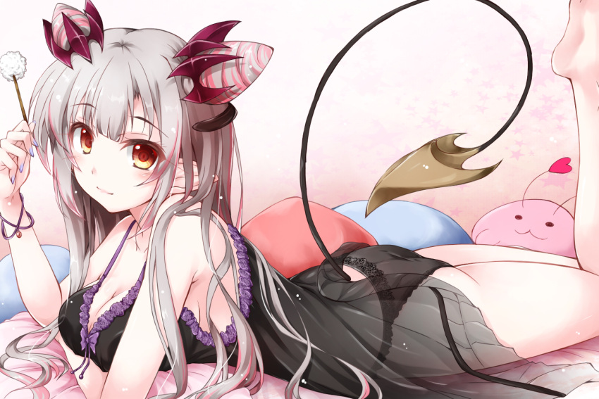 arm_under_breasts ass bare_arms bare_legs bare_shoulders barefoot bed_sheet black_chemise black_panties blue_nails bow bracelet breasts chemise cleavage closed_mouth demon_tail double_bun female foot_up from_side fuyuno_taka grey_hair hair_bun hand_up holding horns indie_virtual_youtuber jewelry lace_trim light_blush lingerie long_hair looking_at_viewer looking_to_the_side lying medium_breasts mimikaki multicolored_hair nail_polish on_bed on_stomach orange_eyes panties pillow pointy_ears purple_bow red_hair see-through smile solo streaked_hair suou_patra tail tail_raised two-tone_hair underwear