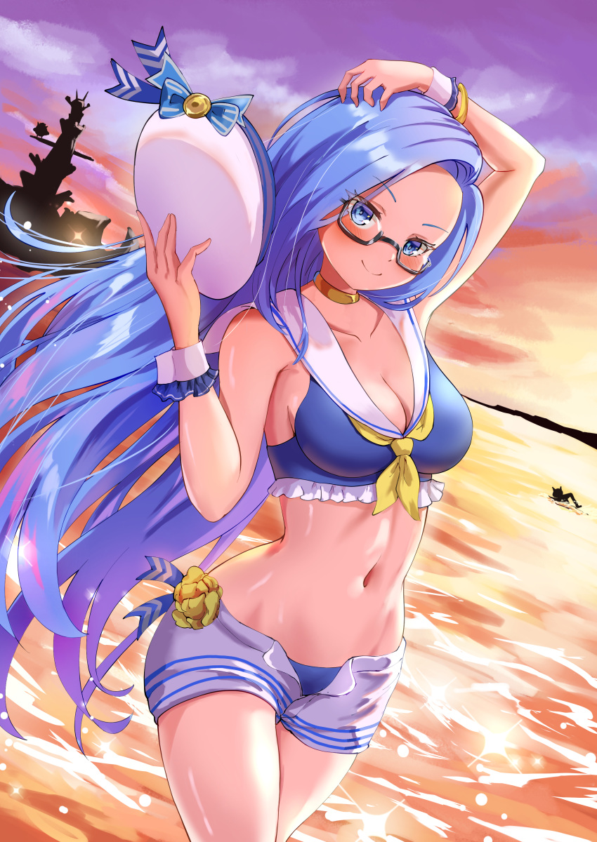 absurdres bikini black-framed_eyewear blue_bikini breasts cleavage closed_mouth cloud collarbone coppermine_(nyanko_daisensou) evening female glasses hat highres isazawa large_breasts long_hair looking_at_viewer navel neckerchief nyanko_daisensou ocean official_alternate_costume open_clothes open_fly open_shorts sailor_bikini sailor_collar semi-rimless_eyewear short_shorts shorts smile solo stomach swimsuit under-rim_eyewear white_hat white_shorts