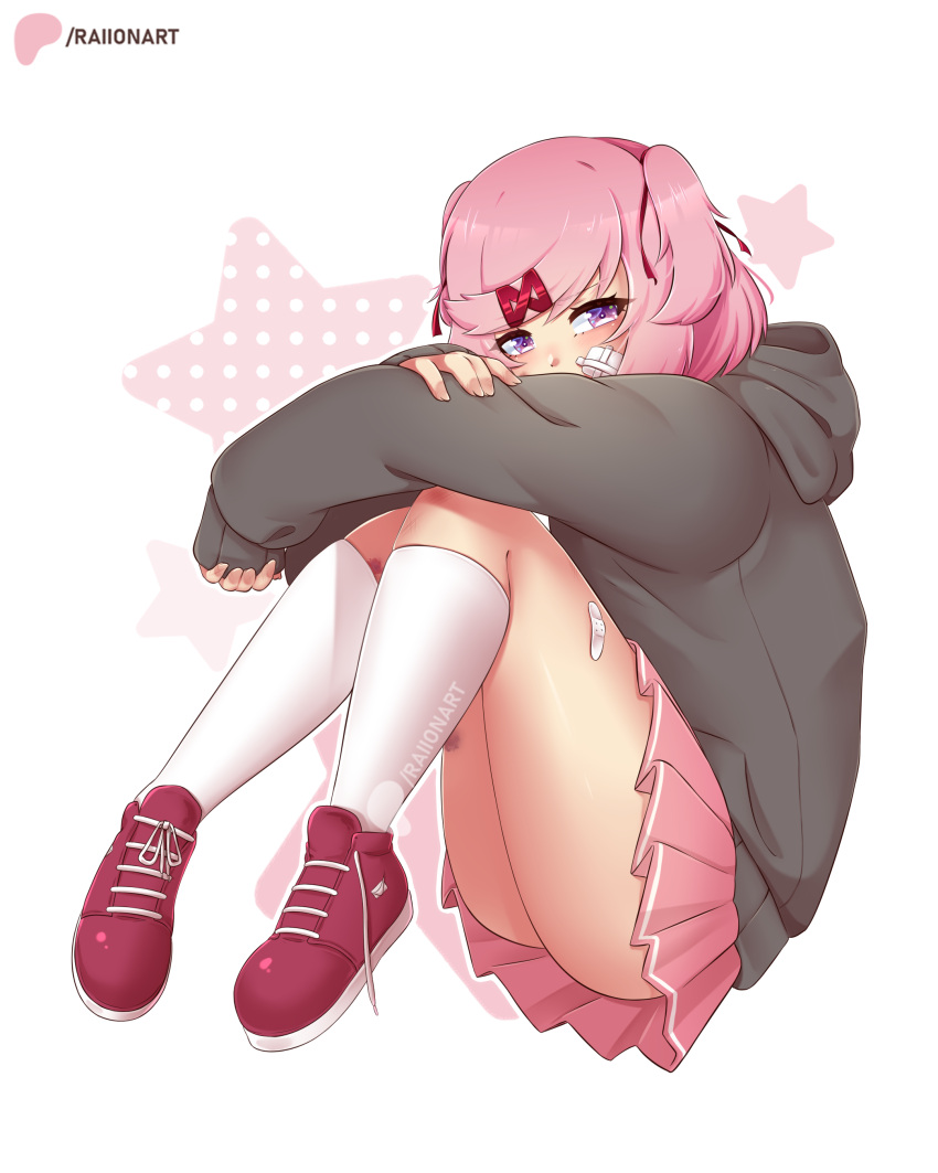 absurdres artist_name bandaid bandaid_on_cheek bandaid_on_face bandaid_on_leg commentary doki_doki_literature_club female hair_ornament hair_ribbon hairclip highres hood hood_down hoodie knees_up long_sleeves looking_at_viewer natsuki_(doki_doki_literature_club) pink_hair pleated_skirt purple_eyes raion_(raionart) ribbon shoes short_hair skirt sleeves_past_wrists sneakers socks solo star_(symbol) two_side_up untied_footwear