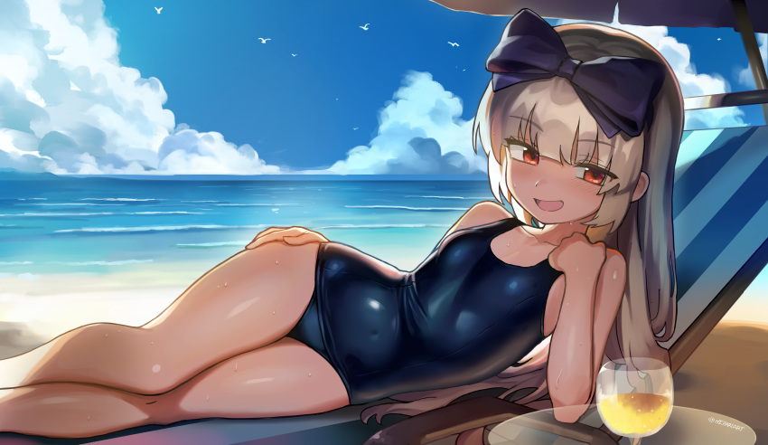 3.1-tan absurdres beach blue_one-piece_swimsuit bow breasts cloud cup drinking_glass female hairbow hepari highres legs long_hair lying ocean old_school_swimsuit on_side one-piece_swimsuit open_mouth os-tan outdoors red_eyes ribbon school_swimsuit sky small_breasts smile solo swimsuit thighs white_hair