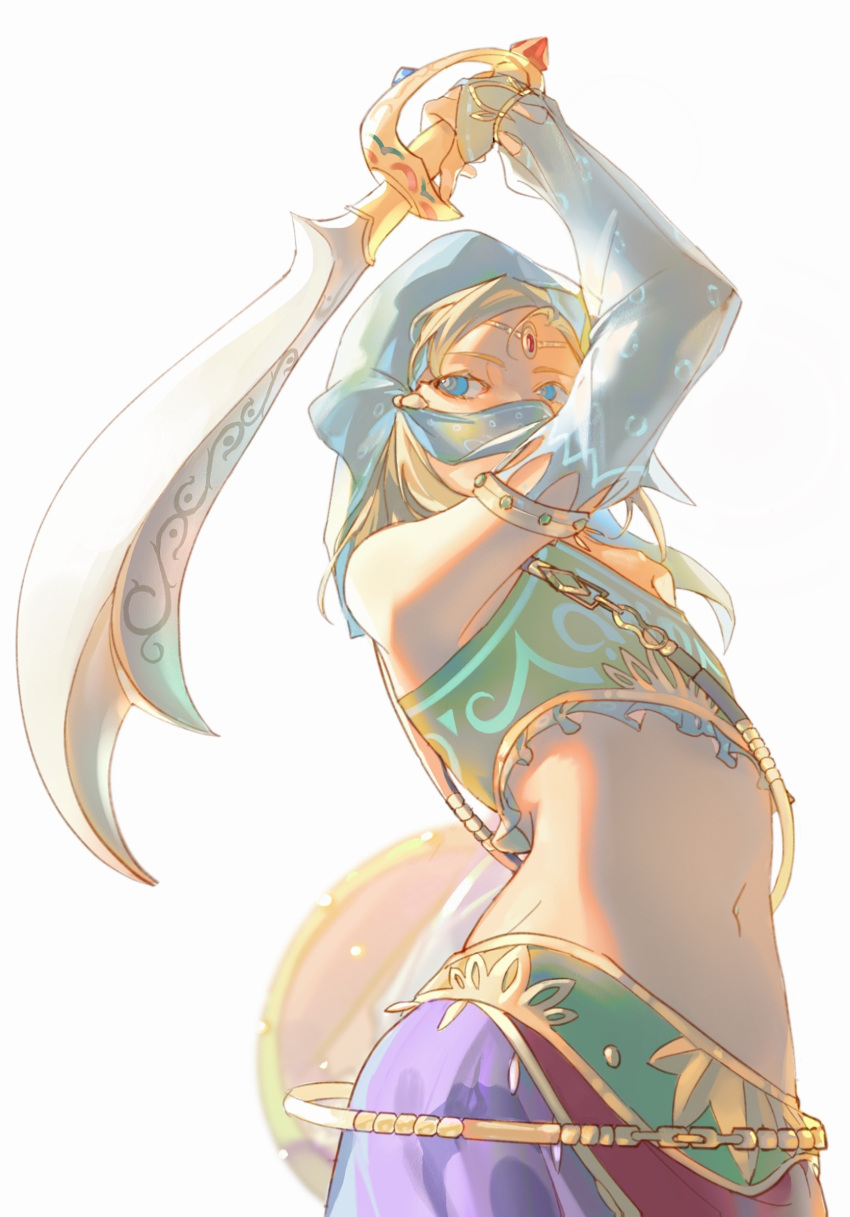 1boy arabian_clothes blue_eyes bridal_gauntlets crossdressing forehead_jewel gerudo_set_(zelda) halterneck highres holding holding_sword holding_weapon jiaocha_0219 link midriff otoko_no_ko scimitar shield simple_background solo sword the_legend_of_zelda veil weapon white_background