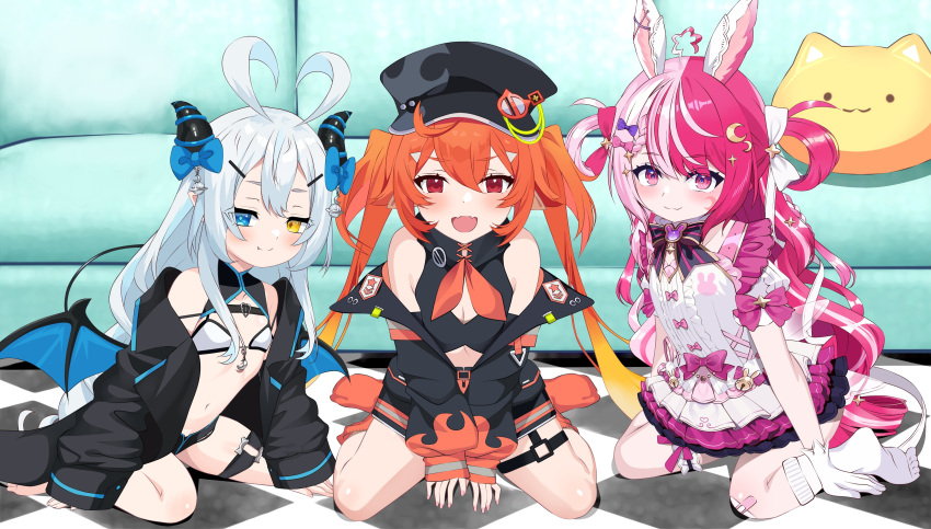 3girls absurdres akugaki_koa blue_hair commission demon_girl dress enya_ignis fangs heterochromia highres horns idol_corp kiniro_tofu kneeling lalabell_lullaby long_hair multicolored_hair multiple_girls orange_hair rabbit_girl twintails virtual_youtuber