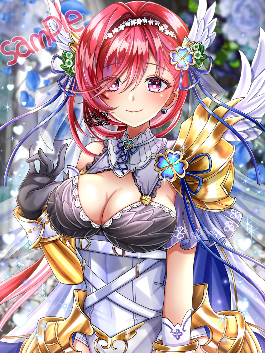 armor asymmetrical_sleeves black_gloves breasts cape cleavage clover clover_hair_ornament cure_(shironeko_project) four-leaf_clover four-leaf_clover_hair_ornament gauntlets gloves hair_ornament hair_ribbon highres image_sample looking_at_viewer medium_breasts pauldrons pink_hair red_hair ribbon shironeko_project shoulder_armor single_pauldron twitter_sample usgpeace wing_hair_ornament