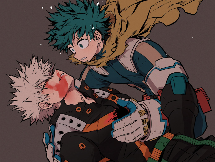 2boys adam's_apple aqua_bodysuit aqua_eyes aqua_hair aqua_pupils arm_behind_another's_back bakugou_katsuki belt belt_pouch black_pants blank_stare blonde_hair blood blood_in_mouth blood_on_clothes blood_on_face blood_on_mouth blood_on_teeth blue_gloves boku_no_hero_academia brown_background buckle cape chiyaya corpse death empty_eyes eyebrows_hidden_by_hair feet_out_of_frame film_grain floating_cape freckles from_side gloves grey_gloves hair_between_eyes hand_on_another's_back hands_up head_down highres leaning_forward lifting_person looking_at_another looking_down lying male_focus midoriya_izuku multiple_boys narrowed_eyes no_pupils nosebleed official_alternate_costume on_back orange_eyes pants parted_lips pouch short_hair sideways_mouth simple_background single_vertical_stripe snap-fit_buckle spiked_hair spoilers squatting staring surprised teeth three_quarter_profile torn_cape torn_clothes wide-eyed yellow_cape