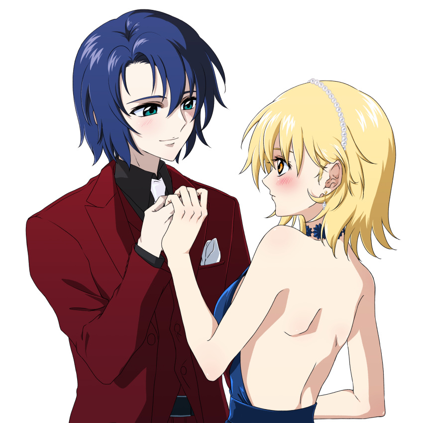 1boy absurdres athrun_zala backless_dress backless_outfit bare_arms black_shirt blonde_hair blue_dress blue_hair blush breast_pocket brown_eyes cagalli_yula_athha closed_mouth collared_shirt couple dress eye_contact female green_eyes gundam gundam_seed handkerchief_in_pocket highres holding_hands jacket looking_at_another medium_hair necktie pocket profile red_jacket red_vest saeka shirt short_hair shoulder_blades simple_background sleeveless sleeveless_dress straight upper_body vest white_background white_necktie wing_collar