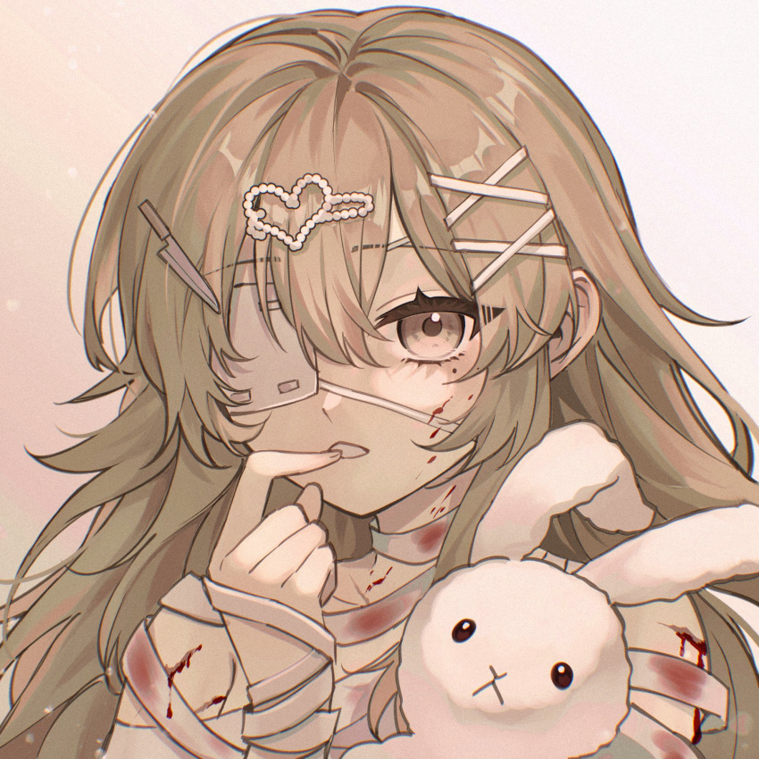 bandages brown_eyes brown_hair commission female hair_ornament hairclip hand_up heart heart_hair_ornament highres knife knife_hair_ornament long_hair nanin original portrait rabbit simple_background solo teeth white_background x_hair_ornament