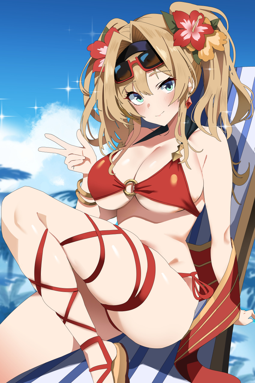 absurdres bare_shoulders bikini blonde_hair blue_eyes blush breasts cleavage commission female granblue_fantasy highres large_breasts long_hair looking_at_viewer pixiv_commission red_bikini smile solo swimsuit sylph_kim thighs twintails zeta_(granblue_fantasy) zeta_(summer)_(granblue_fantasy)