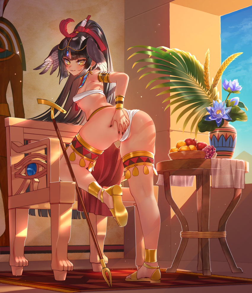 ankh ankh_earrings armlet ass bikini black_hair blush bracelet breasts budget_sarashi chair commentary_request dark-skinned_female dark_skin egyptian egyptian_art egyptian_clothes egyptian_mythology female flower food fruit hair_ornament hand_on_own_ass head_wings highres jewelry komiya_nigi looking_at_viewer micro_bikini original pyramid_(structure) sandals sarashi solo swimsuit thigh_strap vase wings yellow_eyes