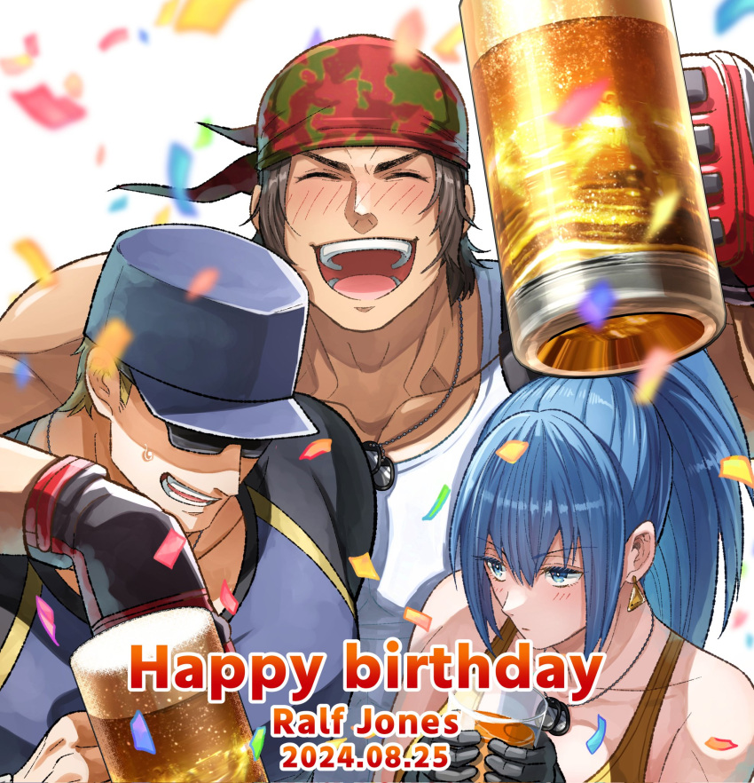 2boys alcohol bandana bare_shoulders baseball_cap beer beer_mug birthday blonde_hair blue_eyes blue_hair blush brown_hair celebration character_name clark_still confetti cup dated dog_tags drunk earrings female gloves happy_birthday hat highres holding holding_cup jewelry leona_heidern mug multicolored_shirt multiple_boys muscular open_mouth ralf_jones smile sunglasses tank_top the_king_of_fighters triangle_earrings user_jmzg2528 white_tank_top yellow_tank_top