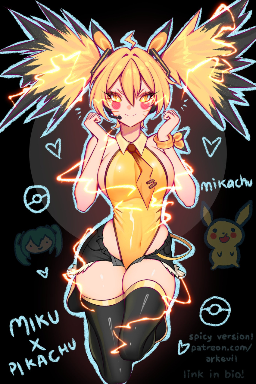 ark_evil02 bare_shoulders black_background black_hair black_shorts black_thighhighs blonde_hair blush_stickers breasts collared_leotard cosplay english_text female hatsune_miku highres large_breasts leotard multicolored_hair necktie pikachu pikachu_(cosplay) pokemon shiny_clothes shorts thighhighs tie_clip twintails two-tone_hair vocaloid yellow_eyes yellow_leotard yellow_necktie