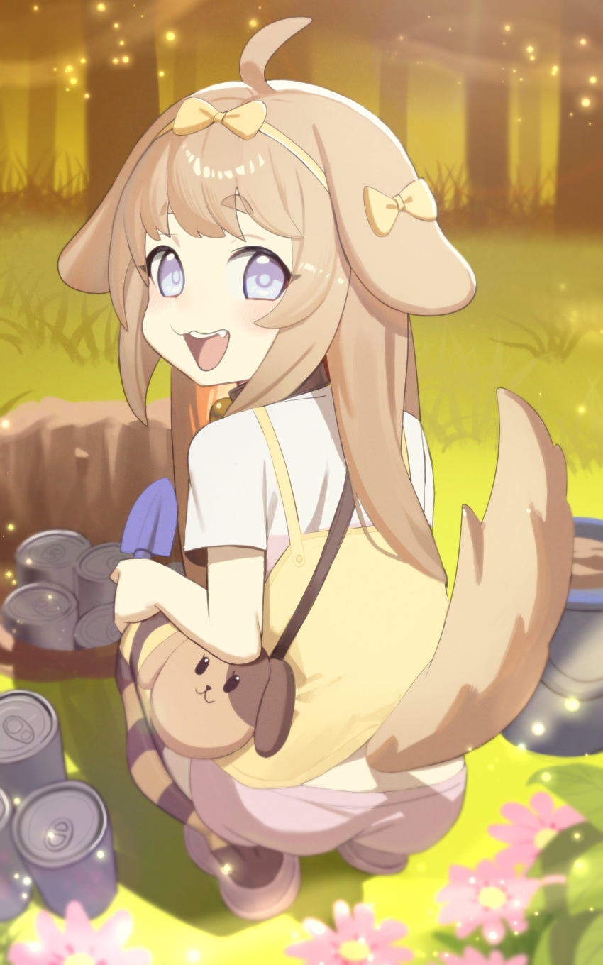 absurdres ahoge animal_ears ass bag bell blue_eyes bow brown_hair bucket butter_(trickcal) can canned_food collar daibo44 digging dog_ears dog_girl dog_tail female forest from_behind hairbow highres hole horizontal-striped_thighhighs jingle_bell long_hair looking_back nature neck_bell oerba_yun_fang open_mouth outdoors pink_footwear pink_shorts ribbon shirt shoes short_sleeves shorts smile solo squatting striped_clothes striped_thighhighs tail thighhighs tree trickcal white_shirt yellow_ribbon yellow_shirt