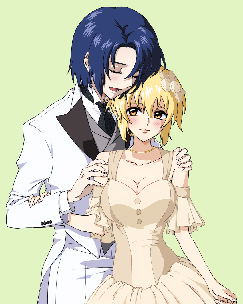 1boy :d absurdres athrun_zala black_necktie blonde_hair blue_hair blush breasts brown_eyes cagalli_yula_athha cleavage closed_eyes closed_mouth collarbone couple detached_sleeves dress female green_background grey_vest gundam gundam_seed hand_on_another's_shoulder highres jacket long_sleeves looking_at_viewer medium_breasts necktie open_mouth pants saeka short_hair short_sleeves simple_background smile straight vest wedding_dress white_dress white_jacket white_pants white_sleeves