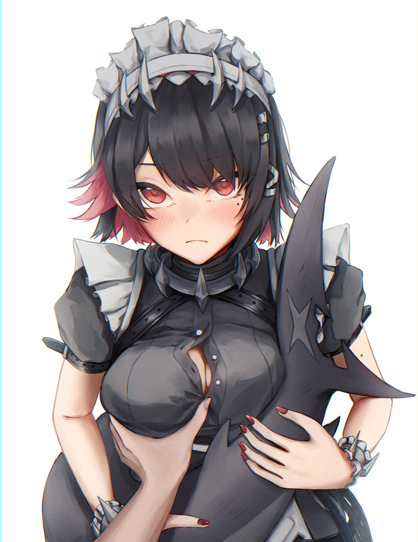 1other absurdres black_hair blush button_gap closed_mouth colored_inner_hair commentary_request ellen_joe female fins fish_tail grabbing_another's_breast groping highres looking_at_viewer maid maid_headdress mole mole_on_arm mole_under_eye multicolored_hair nail ohal puffy_short_sleeves puffy_sleeves red_eyes red_hair red_nails shark_girl shark_tail short_sleeves simple_background solo_focus tail two-tone_hair white_background zenless_zone_zero