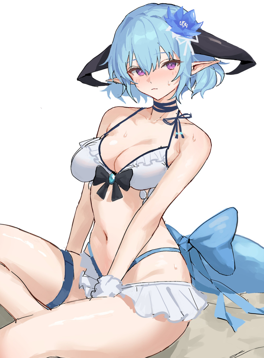 absurdres bikini blue_flower blue_ribbon crystal_tail curled_horns dragon_girl dragon_horns dragon_tail female filene_(shadowverse) flower frilled_bikini frills granblue_fantasy hair_flower hair_ornament highres horns official_alternate_costume pointy_ears ribbon scrunchie shadowverse single_strap sitting solo swimsuit tail takaha4_mei white_background white_bikini