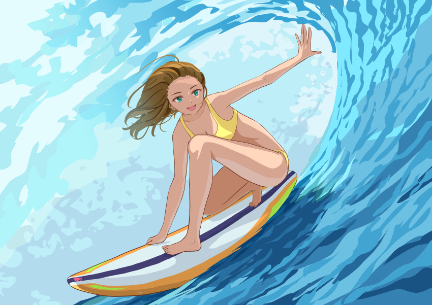 absurdres barefoot bikini breasts brown_hair collarbone commentary english_commentary feet female full_body green_eyes highres nap_on_a_cloud open_mouth original surfboard surfing swimsuit teeth toes upper_teeth_only water waving yellow_bikini