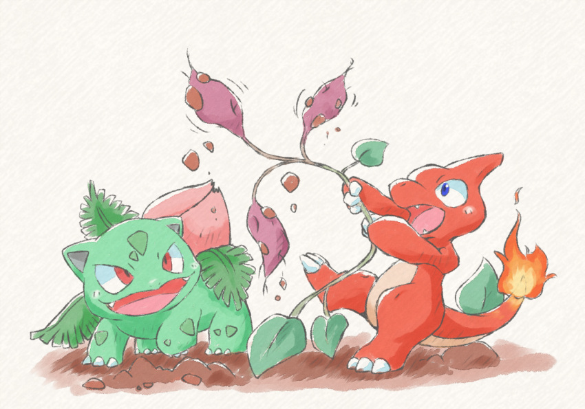 1:1 ambiguous_gender belly blush blush_lines charmeleon claws duo elemental_creature fangs feral flora_fauna generation_1_pokemon green_body group hug ivysaur kinakomocheeni leaf nintendo plant pokemon pokemon_(species) red_body simple_background teeth trio white_background