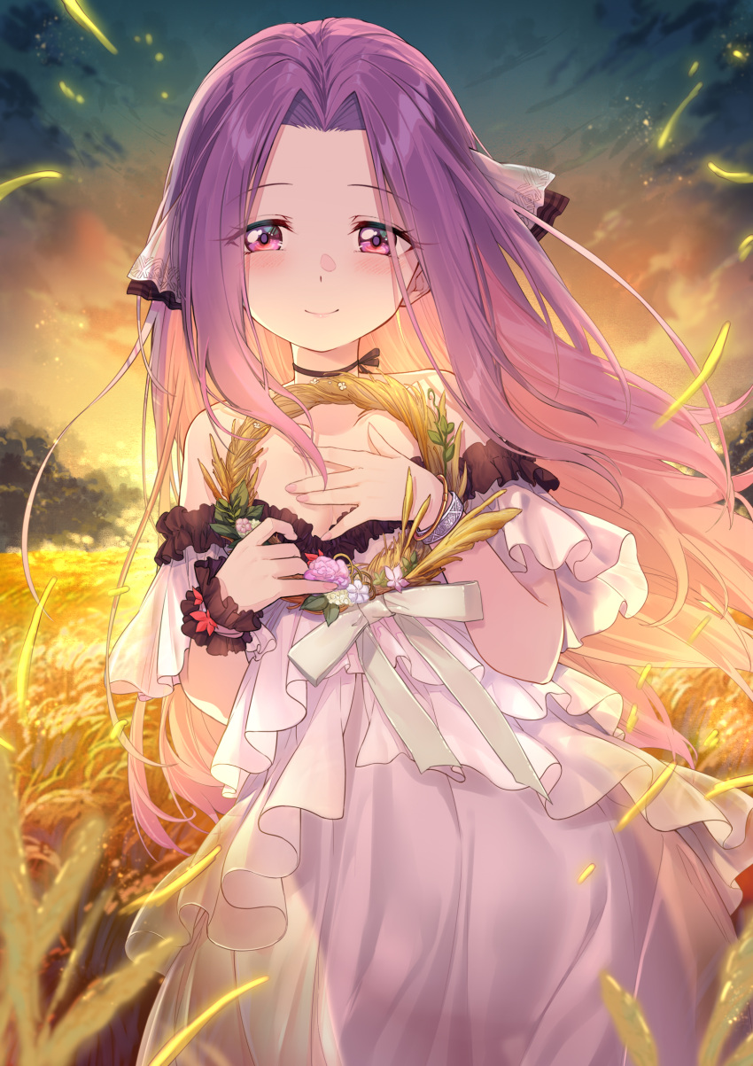 absurdres bare_shoulders blue_sky breasts choker coffeekite dress fate/grand_order fate_(series) female forehead gradient_sky hair_ribbon highres layered_dress long_hair looking_at_viewer medusa_(fate) medusa_(lancer)_(fate) off_shoulder orange_sky parted_bangs purple_eyes purple_hair ribbon see-through_clothes see-through_dress sidelocks sky small_breasts smile solo twilight very_long_hair white_dress wreath