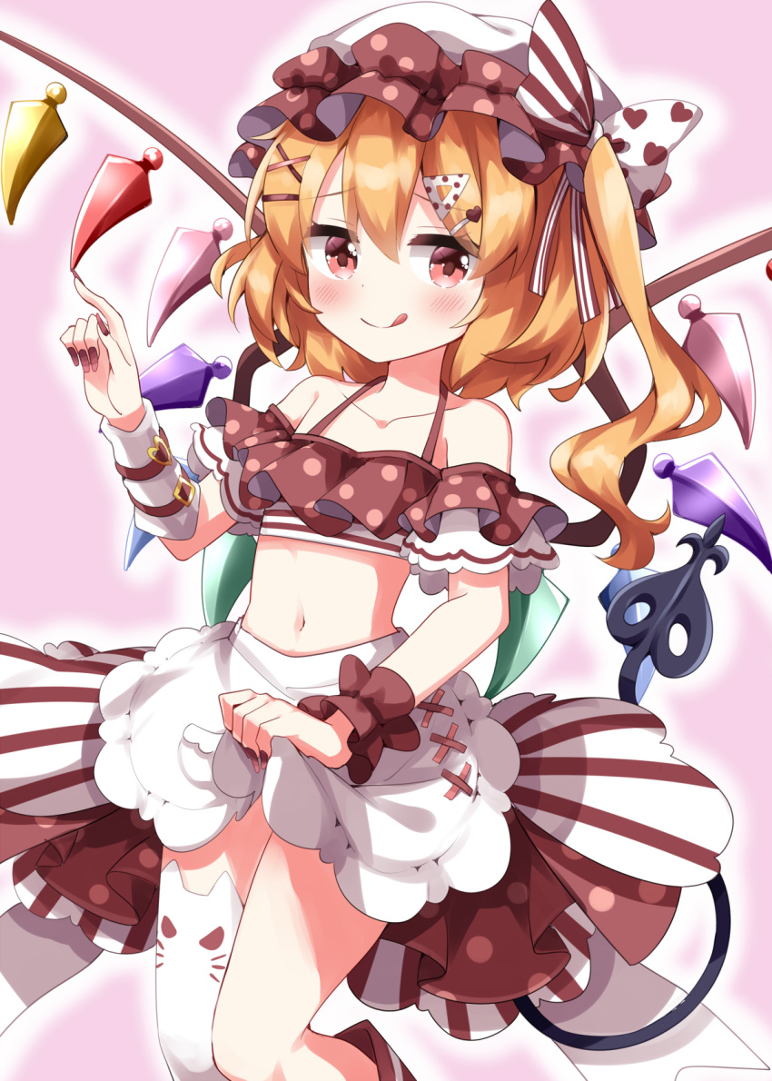 apron blonde_hair bow commentary_request crystal_wings feet_out_of_frame female fingernails flandre_scarlet half-dress heart_ribbon highres internet_survivor laevatein_(tail) midriff multicolored_bow multicolored_wings nail_polish polka_dot polka_dot_headwear polka_dot_shirt polka_dot_skirt red_eyes red_nails red_skirt ruu_(tksymkw) shirt side_ponytail single_thighhigh skirt smile solo tail thighhighs tongue tongue_out touhou white_apron white_skirt wings