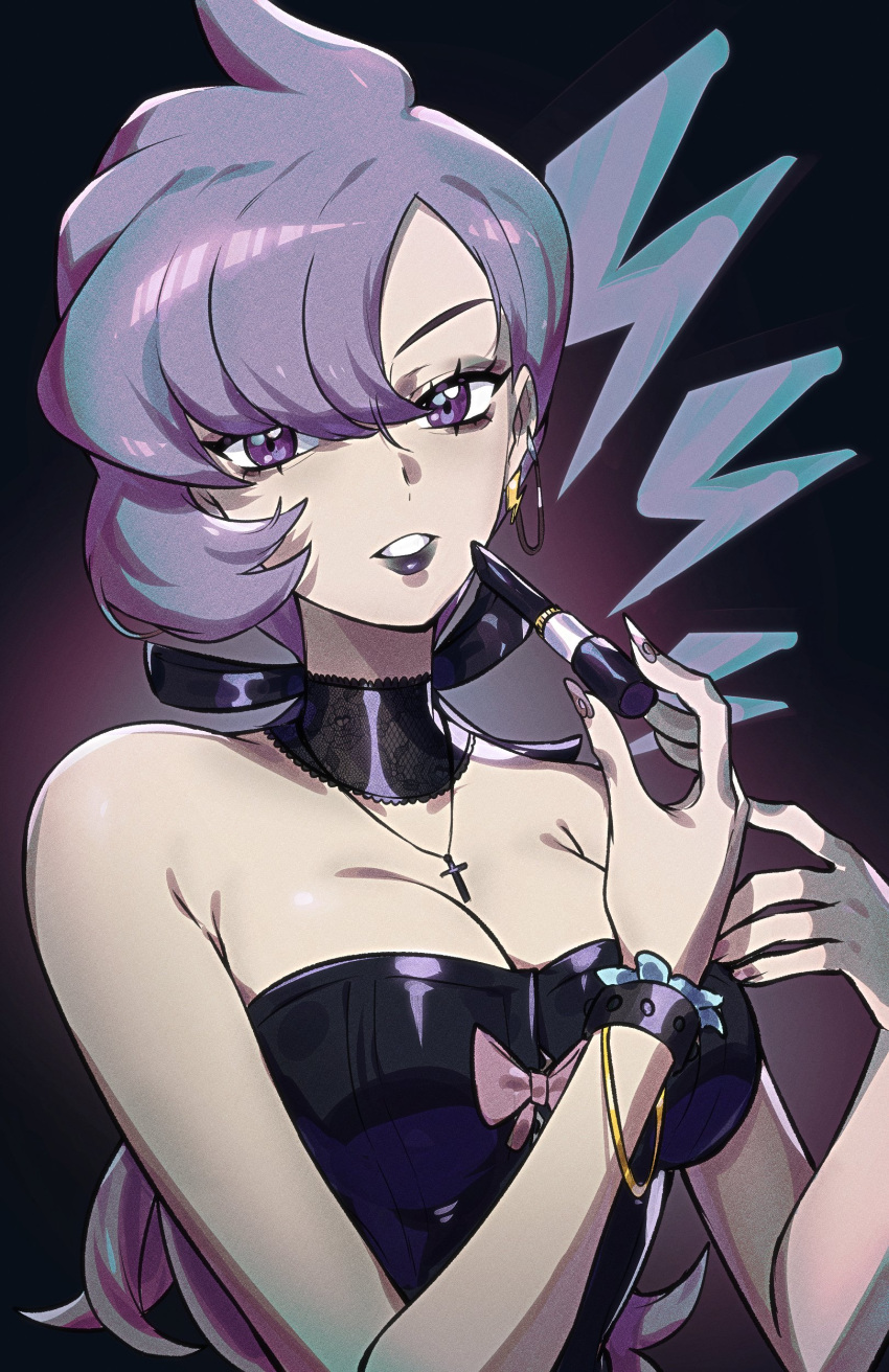 absurdres anabel_(pokemon) bare_shoulders black_lips breasts cleavage cosmetics earrings female goth_fashion highres holding holding_lipstick_tube jewelry lipstick lipstick_tube long_hair looking_at_viewer makeup medium_breasts pokemon purple_eyes purple_hair ryairyai single_earring solo upper_body