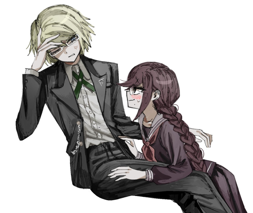 1boy anger_vein black_jacket black_pants blush braid collared_shirt danganronpa:_trigger_happy_havoc danganronpa_(series) dress_shirt female fukawa_toko glasses grey_shirt hand_up invisible_chair jacket long_hair long_sleeves neckerchief open_clothes open_jacket pants pleated_skirt profile red_neckerchief sailor_collar semi-rimless_eyewear shirt shirt_tucked_in simple_background sitting skirt smile straight togami_byakuya twin_braids twintails white-framed_eyewear white_sailor_collar wktmqtj