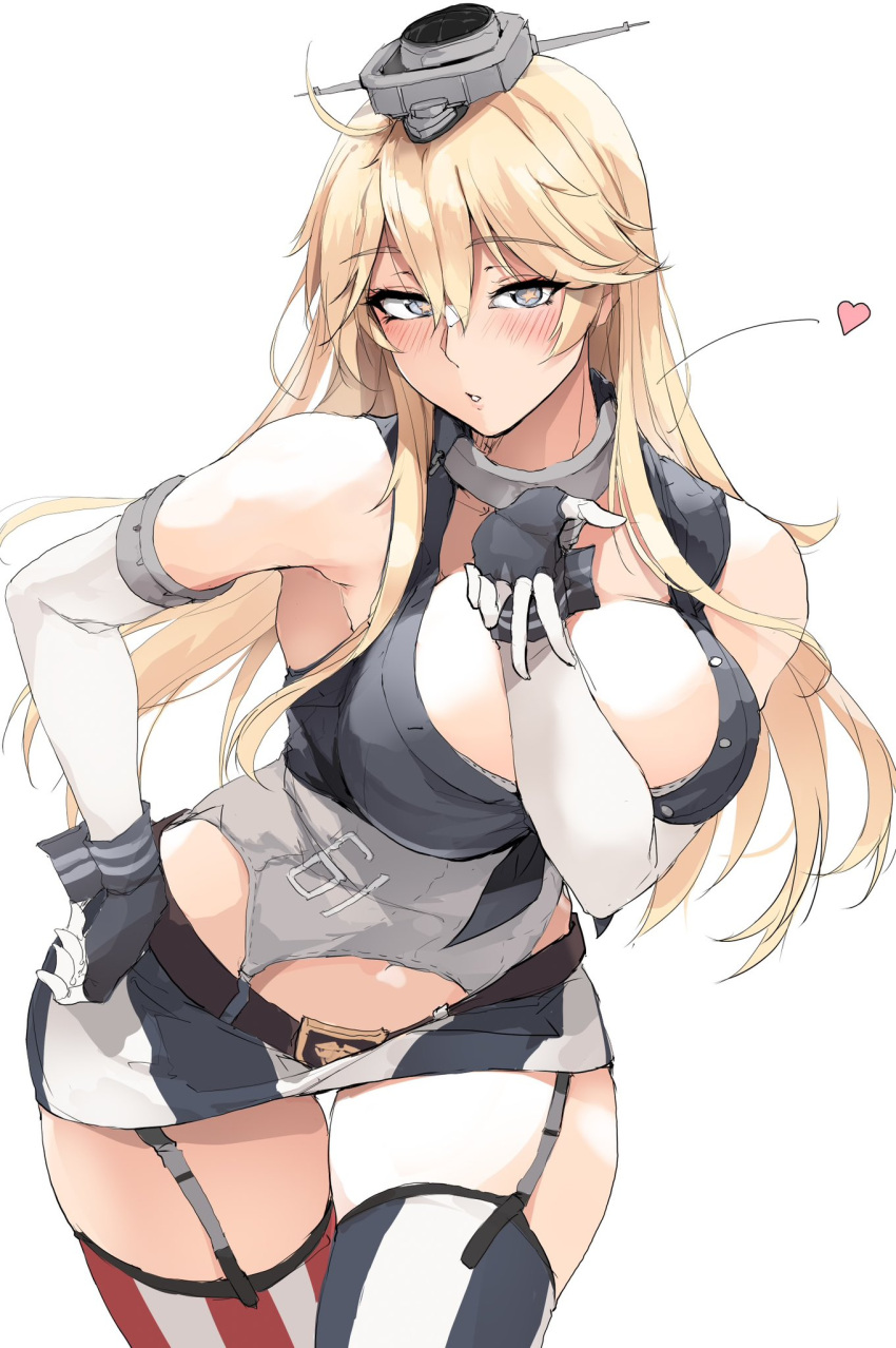 bare_shoulders belt belt_buckle blonde_hair blowing_kiss blue_eyes blush breasts buckle collar elbow_gloves female fingerless_gloves front-tie_top garter_straps gloves headgear heart highres iowa_(kancolle) kantai_collection large_breasts long_hair looking_at_viewer metal_collar miniskirt navel skirt solo star-shaped_pupils star_(symbol) striped_clothes striped_skirt symbol-shaped_pupils thighhighs thighs zekkyon