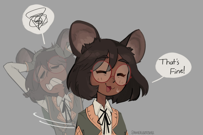 anthro bodily_fluids brown_hair bumblesteak bust_portrait cat_smile clothing eyewear female frustrated glasses hair hi_res mammal murid murine olive_(bumblesteak) portrait rodent short_hair smile solo speech_bubble sweat text