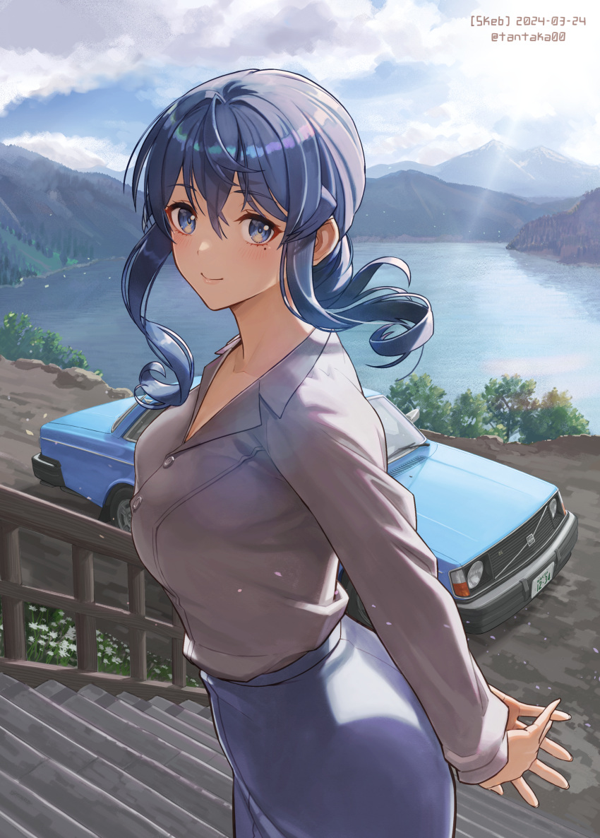 absurdres blue_eyes blue_hair blue_skirt blush breasts car cleavage closed_mouth collarbone collared_shirt commentary_request commission dated day female gotland_(kancolle) grey_shirt hair_between_eyes highres kantai_collection lake long_hair medium_breasts mole mole_under_eye motor_vehicle outdoors shirt skeb_commission skirt smile solo stairs tantaka twitter_username volvo volvo_244