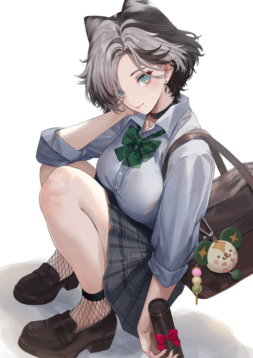 bag black_collar black_hair blue_eyes blue_eyeshadow breasts brown_bag buttons closed_mouth collar collared_shirt earrings ekao eyelashes eyeshadow female green_necktie grey_hair grey_skirt highres jewelry kunai_nakasato makeup mole mole_under_mouth multicolored_hair necktie nijisanji nijisanji_en plaid_clothes plaid_skirt red_eyeshadow school_bag school_uniform shirt shoes short_hair skirt sleeves_rolled_up solo squatting two-tone_hair virtual_youtuber white_shirt