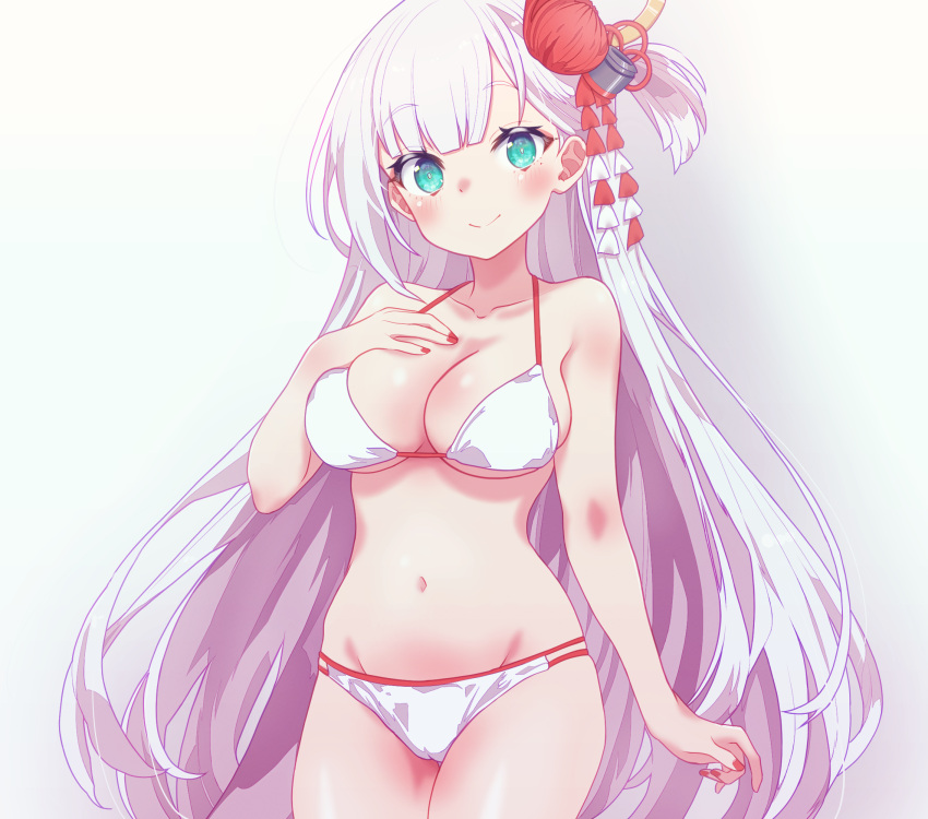 alternate_costume arbiter1 azur_lane bikini breasts cleavage collarbone cowboy_shot female hair_ornament hand_on_own_chest highres kanzashi long_hair looking_at_viewer mole mole_under_eye nail_polish navel one_side_up shoukaku_(azur_lane) smile solo swimsuit tsumami_kanzashi white_background white_bikini white_hair