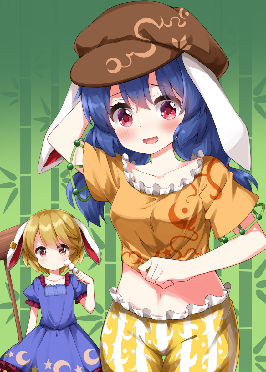 2girls animal_ears bamboo blonde_hair blue_dress brown_hat cabbie_hat commentary_request cosplay costume_switch crescent_print dango dress earclip food grey_background hat highres holding holding_food kine low_twintails mallet medium_hair multiple_girls navel orange_shirt rabbit_ears rabbit_girl red_eyes ringo_(touhou) ringo_(touhou)_(cosplay) ruu_(tksymkw) seiran_(touhou) seiran_(touhou)_(cosplay) shirt short_hair short_sleeves shorts striped_clothes striped_shorts touhou twintails vertical-striped_clothes vertical-striped_shorts wagashi yellow_shorts