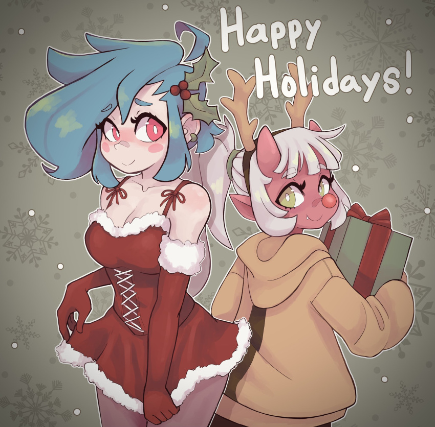 2girls antlers aqua_hair blush_stickers breasts bright_pupils colored_skin deer_antlers denver_(troolou) dress elbow_gloves english_text fur-trimmed_dress fur-trimmed_gloves fur_trim gift gloves green_eyes hair_ornament highres holding holding_gift holly_hair_ornament hood hoodie horns keiko_(troolou) large_breasts long_hair looking_at_viewer merry_christmas multiple_girls oni original ponytail red_dress red_eyes red_gloves red_oni red_skin short_dress sleeveless sleeveless_dress troolou white_hair white_pupils yellow_hoodie