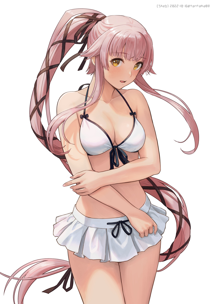 absurdres bare_arms bare_legs bare_shoulders bikini blush breasts collarbone commission cowboy_shot embarrassed female highres kantai_collection long_hair medium_breasts open_mouth pink_hair ponytail simple_background skeb_commission solo swimsuit tantaka very_long_hair white_background white_bikini yellow_eyes yura_(kancolle)