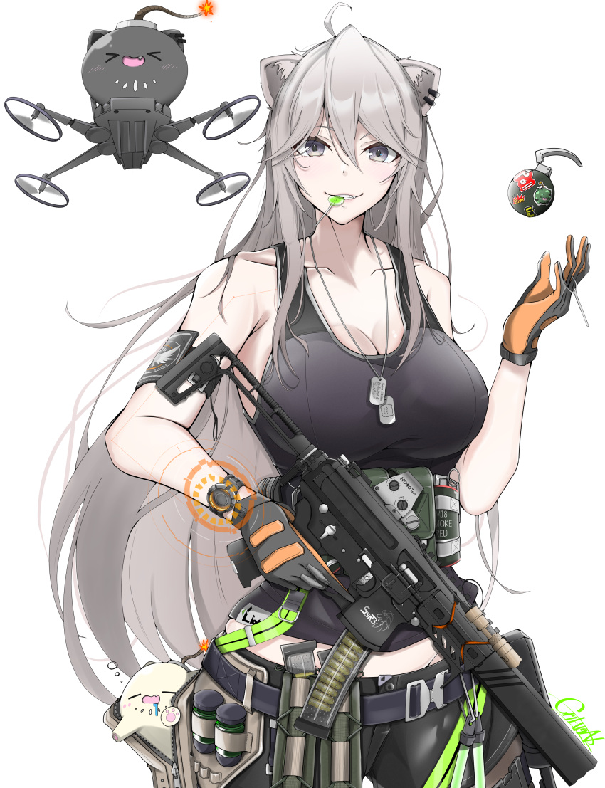 >_< absurdres animal_ear_fluff animal_ear_piercing animal_ears belt black_belt black_gloves black_tank_top breasts candy ci7hi9n03 cleavage collarbone dog_tags drone drooling explosive female food gloves grenade grey_eyes grey_hair gun hair_between_eyes highres holding holding_gun holding_weapon hololive large_breasts lion_ears lion_girl lit_fuse lollipop long_hair oerba_yun_fang open_mouth orange_gloves shishiro_botan sig_mpx sig_sauer signature smoke_grenade ssrb_(shishiro_botan) submachine_gun tank_top trigger_discipline two-tone_gloves virtual_youtuber weapon