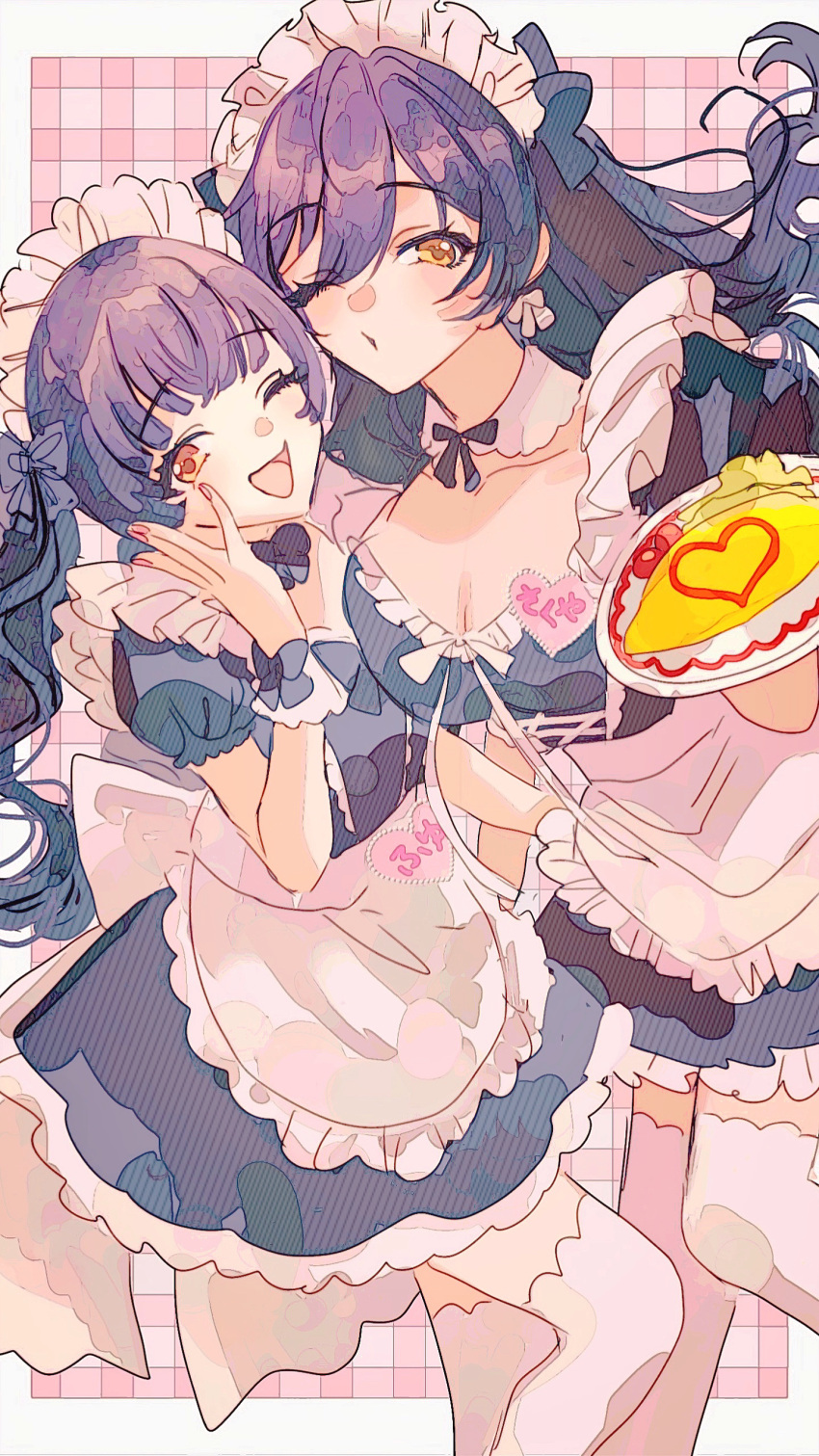 2girls ;d ;o absurdres alternate_costume apron black_dress black_hair blush breasts cleavage collarbone dress enmaided feet_out_of_frame food frilled_apron frills heart highres idolmaster idolmaster_shiny_colors large_breasts long_hair looking_at_viewer maid maid_apron maid_headdress mayuzumi_fuyuko multiple_girls omelet omurice one_eye_closed paddy_field puffy_short_sleeves puffy_sleeves shirase_sakuya short_sleeves smile thighhighs very_long_hair white_apron white_thighhighs zettai_ryouiki