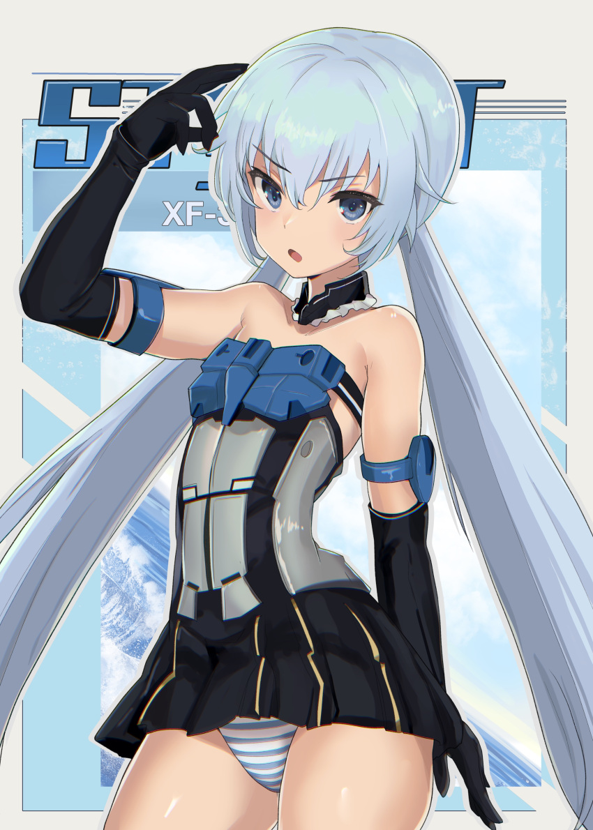 absurdres airport96 alice_gear_aegis black_gloves blue_eyes blue_hair blush commentary_request elbow_gloves female frame_arms_girl gloves highres open_mouth panties solo striped_clothes striped_panties stylet twintails underwear