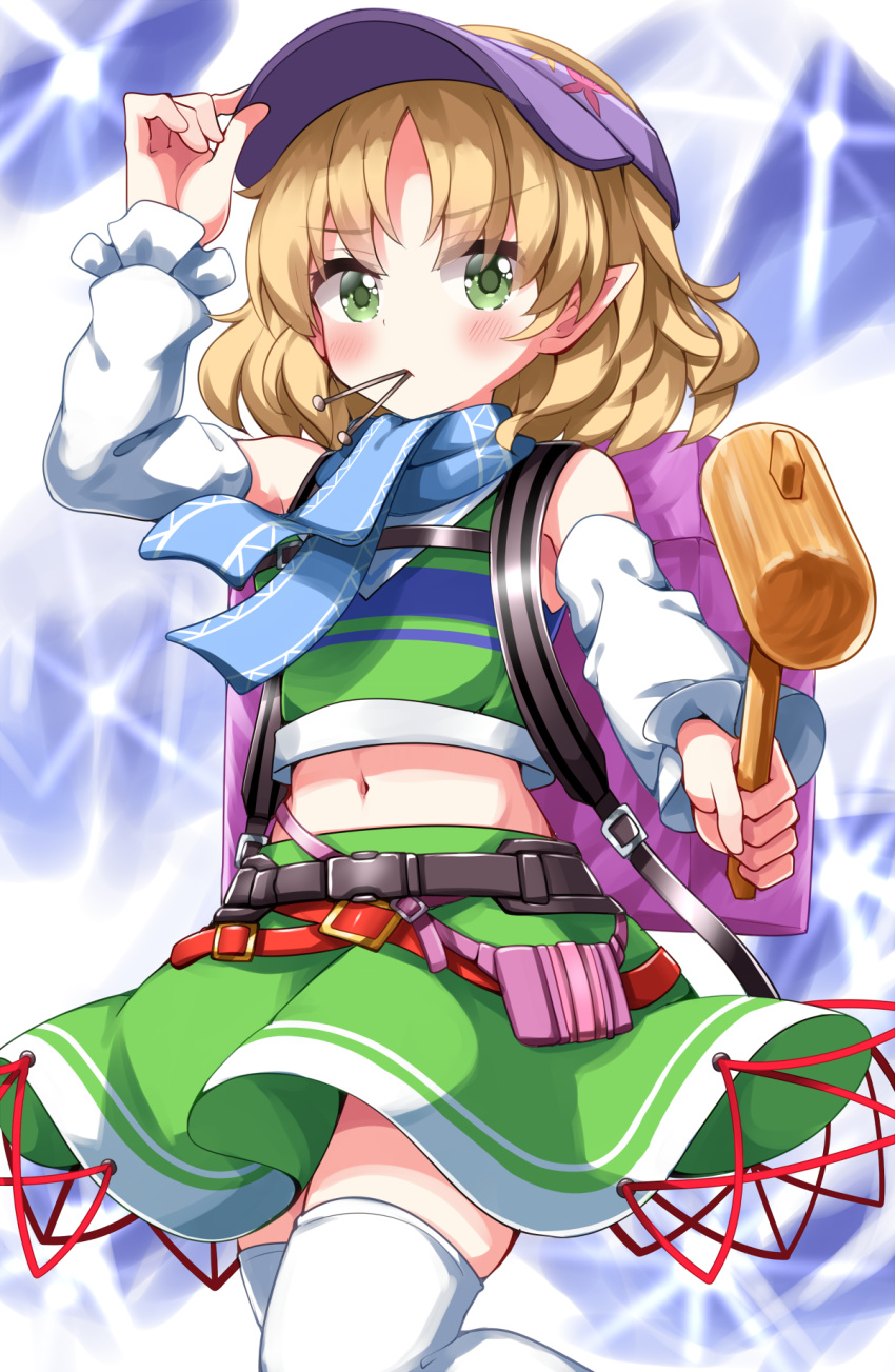 alternate_costume backpack bag belt blonde_hair blue_background blue_scarf blush brown_belt commentary_request crop_top detached_sleeves feet_out_of_frame female flat_chest green_eyes green_shirt green_skirt hand_on_headwear hat highres holding holding_mallet looking_at_viewer loose_belt mallet medium_hair midriff mizuhashi_parsee mizuhashi_parsee_(jealousy-driven_cheering_spirit) nail navel parted_bangs pointy_ears purple_bag purple_hat red_belt ruu_(tksymkw) scarf shirt skirt skirt_set solo standing stomach thighhighs touhou touhou_lostword visor_cap white_sleeves white_thighhighs