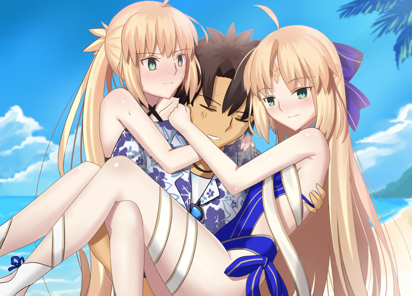 1boy absurdres ahoge artoria_caster_(fate) artoria_caster_(swimsuit)_(fate) artoria_caster_(swimsuit)_(first_ascension)_(fate) artoria_caster_(swimsuit)_(third_ascension)_(fate) artoria_pendragon_(fate) bare_arms bare_legs bare_shoulders beach blue_ribbon blue_sky blush bow breasts closed_eyes closed_mouth cloud cloudy_sky fate/grand_order fate_(series) female fujimaru_ritsuka_(male) green_eyes hair_ribbon highres holding leotard long_hair longdq3008 multicolored_shirt multiple_girls ocean ribbon shirt sky small_breasts smile summer swimsuit twintails