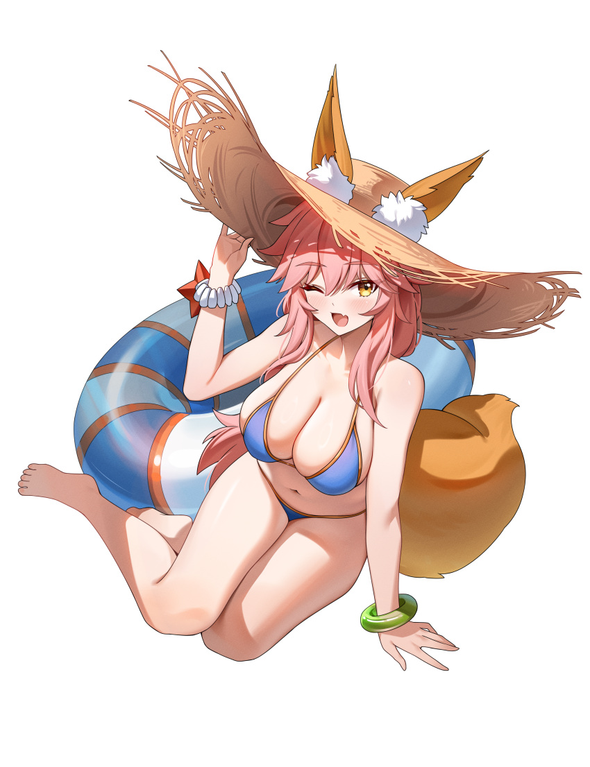 absurdres animal_ear_fluff animal_ears bare_shoulders bikini blue_bikini blush bracelet breasts cleavage collarbone fate/grand_order fate_(series) female fox_ears fox_girl fox_tail hat highres innertube jewelry large_breasts long_hair looking_at_viewer navel one_eye_closed open_mouth pink_hair shenqi_xiao_hong_zai_nali sidelocks solo straw_hat swim_ring swimsuit tail tamamo_(fate) tamamo_no_mae_(swimsuit_lancer)_(fate) thighs yellow_eyes