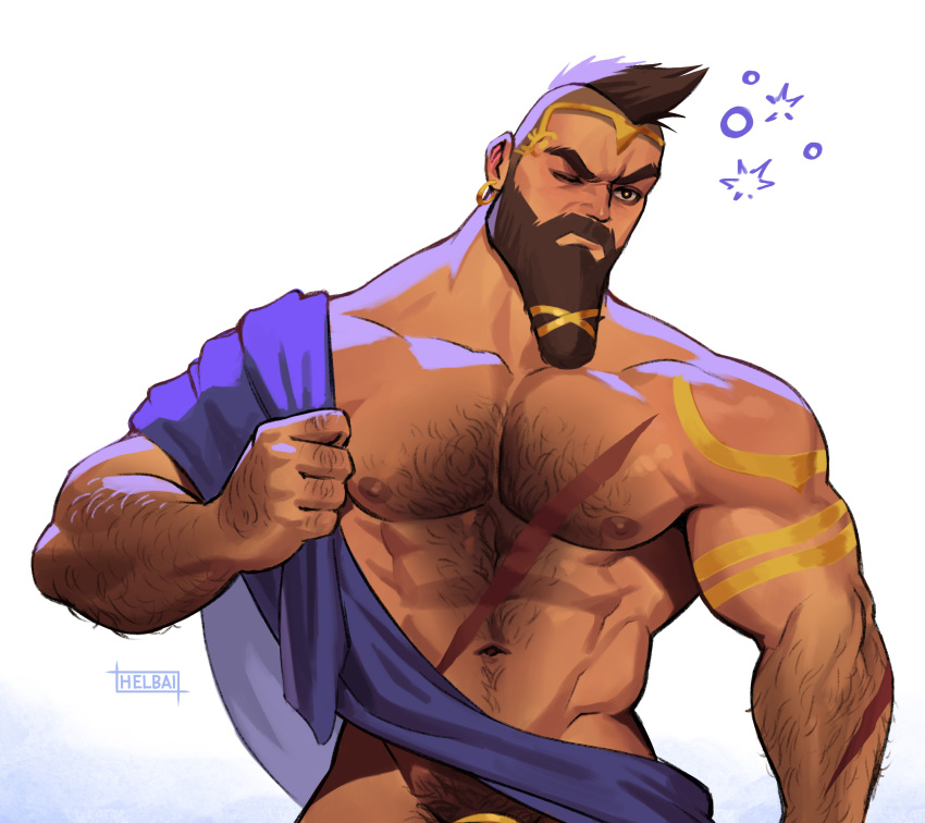 1boy 1male abs bara beard biceps blush chest_hair clothing facial_hair gay hairy hairy_arms hairy_chest hi_res highres league_of_legends male male_focus male_only male_pubic_hair muscular muscular_male nipples nude pantheon riot_games solo solo_male tattoos whyhelbram