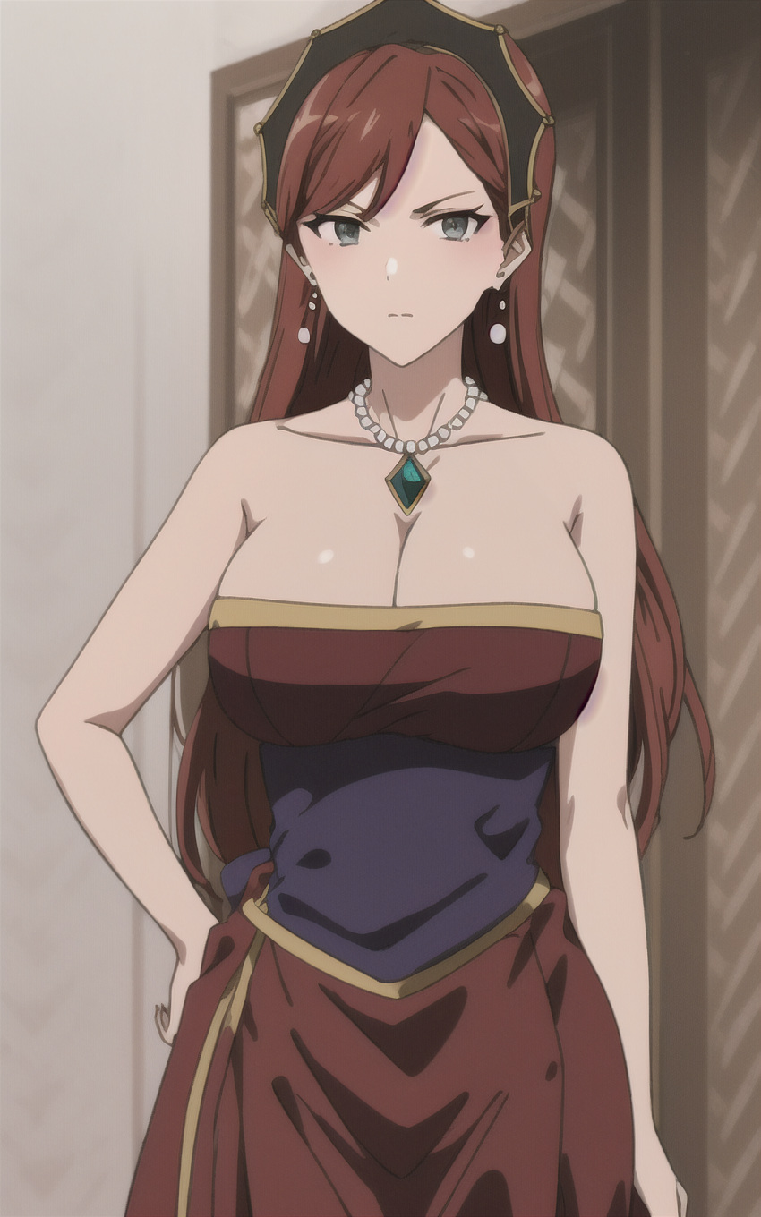 1girls ai_generated big_breasts breasts busty cleavage dress female grey_eyes hand_on_hip hilda_boreas_greyrat large_breasts long_hair mature mature_female mature_woman milf mushoku_tensei pose posing red_hair solo voluptuous