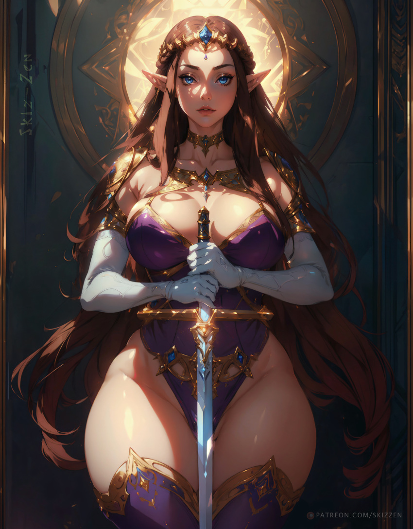 1girls 2023 ai_generated ai_hands big_breasts blue_eyes brown_hair clothed_female crown elegant elf elf_ears gold_jewelry jewelry long_hair ornament patreon_username pointy_ears princess_zelda skizzen sword symmetry the_legend_of_zelda thick thick_thighs tiara twilight_princess white_gloves wide_hips zelda_(twilight_princess)