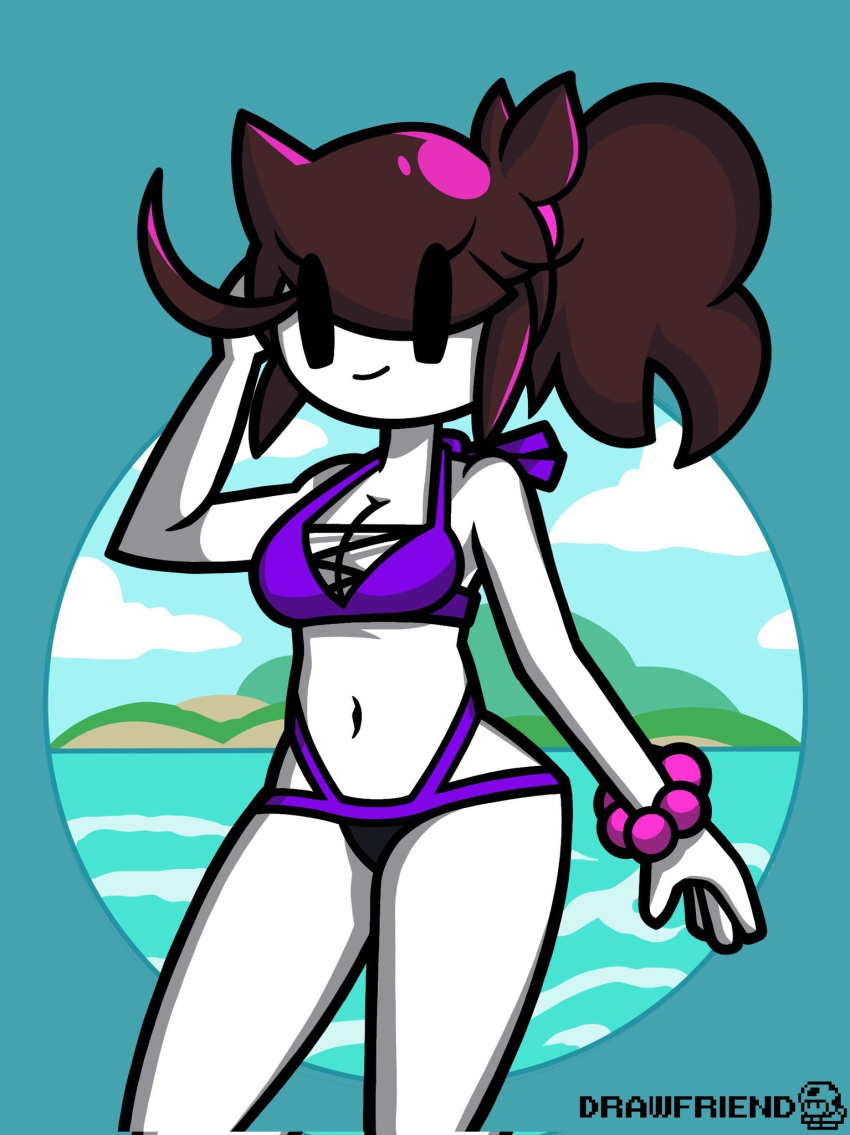 1girls arms_up beach belly belly_button bikini bikini_bottom bikini_top bracelet cleavage cute drawfriend eyebrows_visible_through_hair eyes_visible_through_hair female female_focus female_only jaiden jaiden_animations long_hair looking_at_viewer pinup ponytail seaside signature smiling smiling_at_viewer solo solo_female solo_focus standing thighs youtube